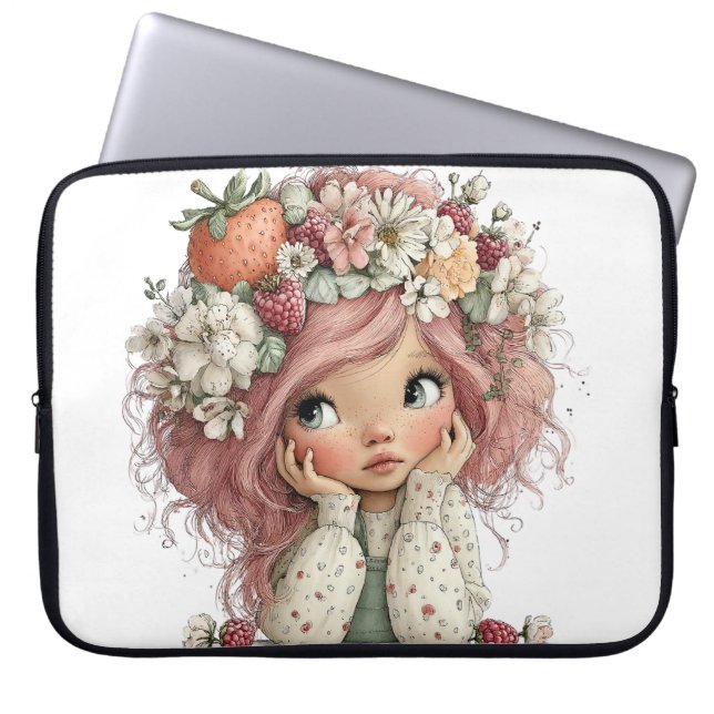 CAPA PARA NOTEBOOK GAROTA BONITA DE VERÃO COM FLORES E FRUTAS (Frente)