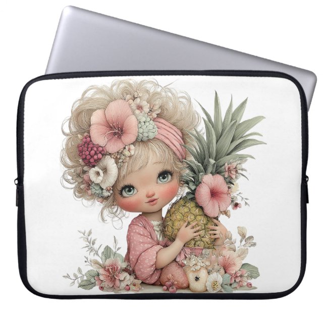 CAPA PARA NOTEBOOK GAROTA BONITA DE VERÃO COM FLORES E FRUTAS (Frente)