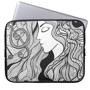 Capa Para Notebook Garota e música. Ilustração Vintage. Outlin preto