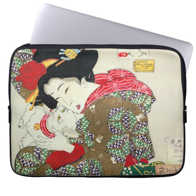 Capa Para Notebook Garota japonesa com Cat, Tsukioka Yoshitoshi (Frente)