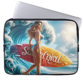 Capa Para Notebook Garota Surfista Confiante Caminhando pelas Ondas d