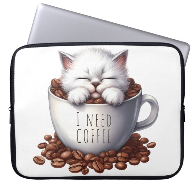 CAPA PARA NOTEBOOK GATINHO BRANCO FOFO NA XÍCARA DE CAFÉ (Frente)