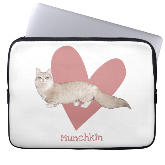Capa Para Notebook Gatinho de Aquarela Munchkin, Coração Rosa (Frente)
