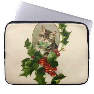 Capa Para Notebook Gatinho de Natal Vitoriano em Tabby Antigo com Aze