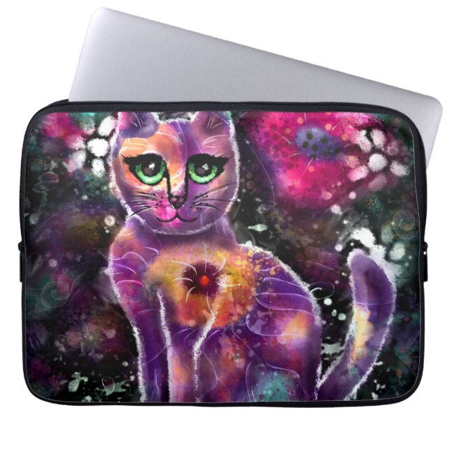 Capa Para Notebook Gatinho Floral Abstrato de Whimsso Gato Preto Rosa (Frente)