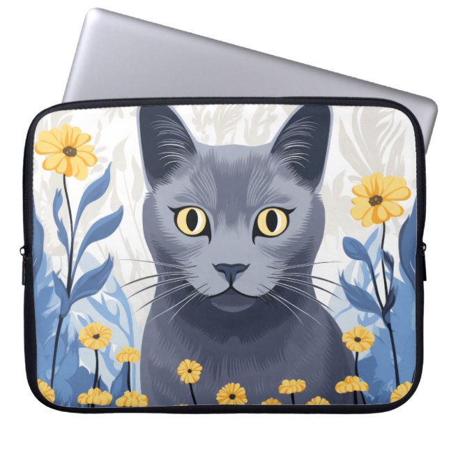 Capa Para Notebook Gato Azul Russo Flores Amarelas (Frente)