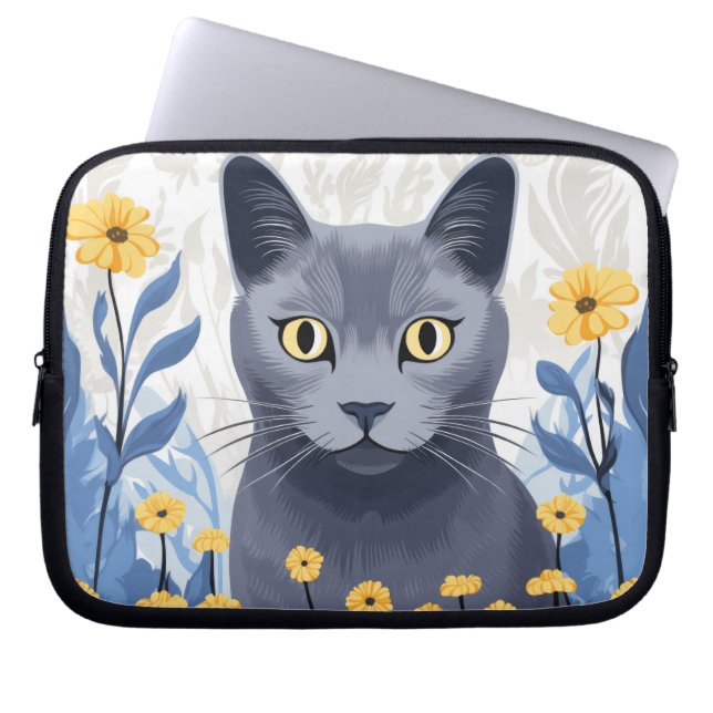 Capa Para Notebook Gato Azul Russo Flores Amarelas (Frente)