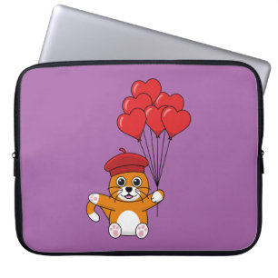 Capa Para Notebook Gato Bonito com Balões de Coração Vermelho