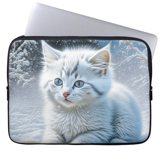 Capa Para Notebook Gato Branco Bonito Brincando na Neve (Frente)