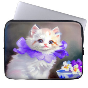 Capa Para Notebook Gato branco com pintura de colarinho de flores rox