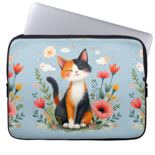 Capa Para Notebook Gato Calico Sorridente em Jardim Florido