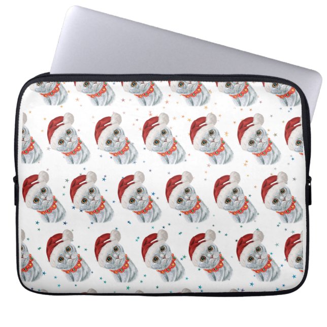 Capa Para Notebook Gato Cinza Prateado Fofo Com Colar de Natal (Frente)