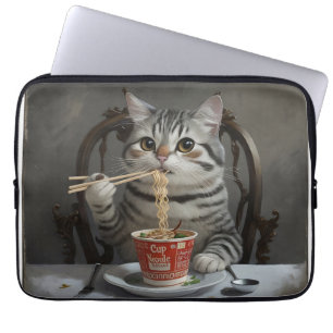 Capa Para Notebook Gato com Gato Lançado, Gozando De Noodles De Taça