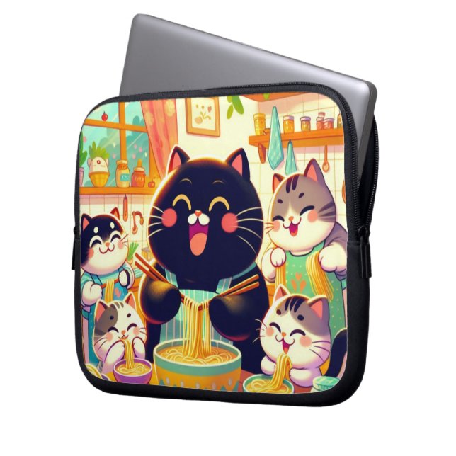 Capa Para Notebook Gato comendo Noodese com amigos Eletrônicos Bag (Frente Esquerda)