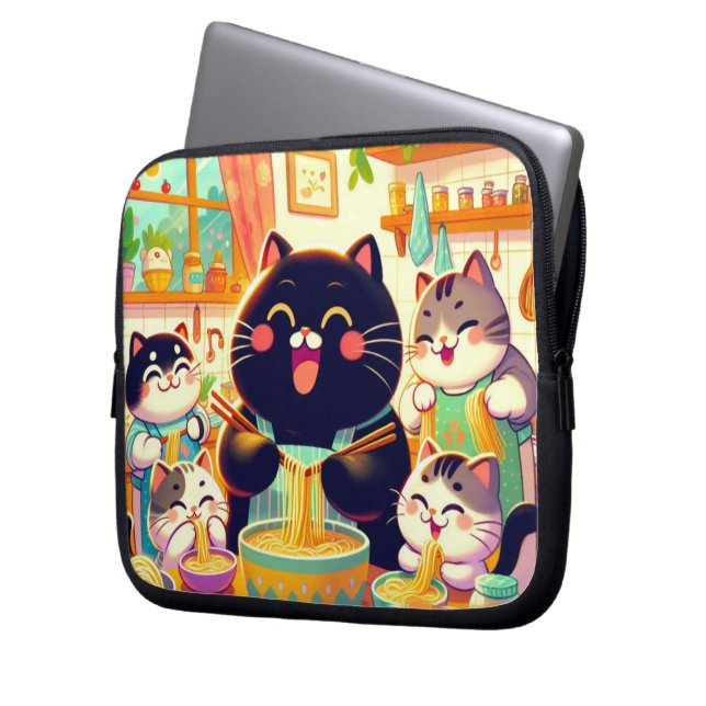 Capa Para Notebook Gato comendo sopa de macarrão e amigos (Frente Esquerda)