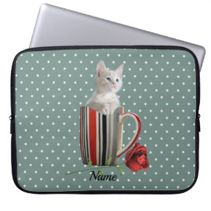 Capa Para Notebook Gato de café, caneca de café, flor verde, modern