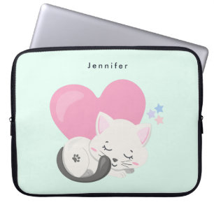 Capa Para Notebook Gato de Gatinha Doce Dormindo com Coração Rosa Gra