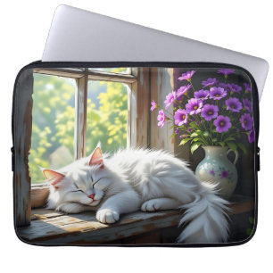 Capa Para Notebook Gato Dormindo no Peitoril da Janela   Flores Roxas