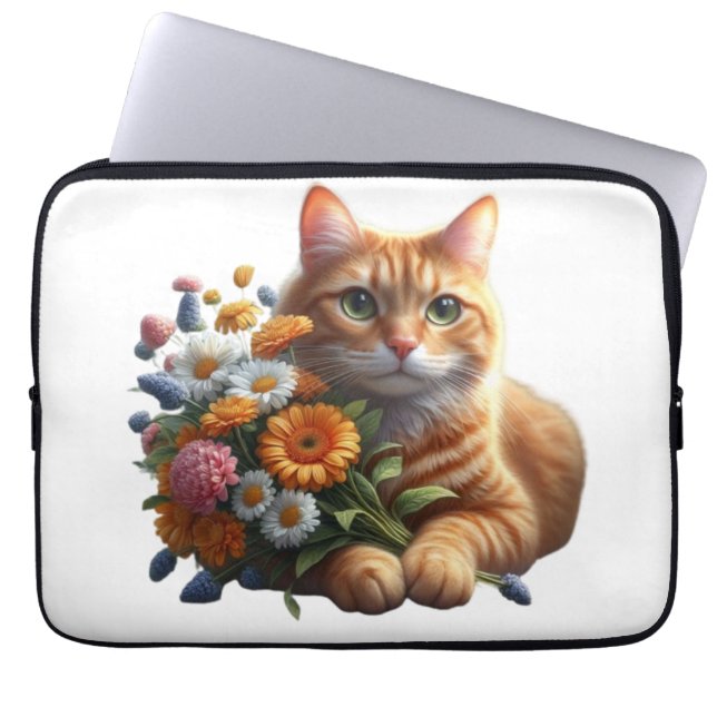 Capa Para Notebook Gato Fofo com um Buquê de Flores  (Frente)