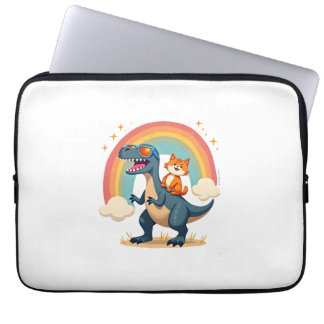 Capa Para Notebook Gato Montando Dinossauro T-Rex Gatinho Arco-Íris D