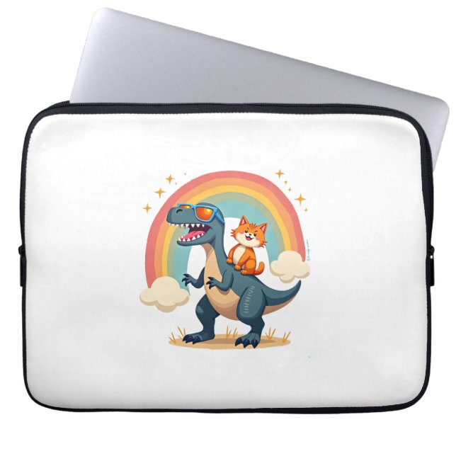 Capa Para Notebook Gato Montando Dinossauro T-Rex Gatinho Arco-Íris D (Frente)