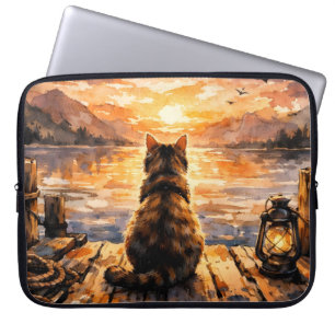 Capa Para Notebook Gato no Cais ao Pôr do Sol