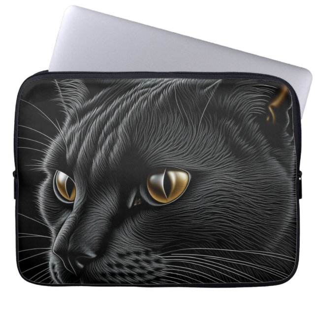 Capa Para Notebook Gato preto AI com olhos amarelos (Frente)