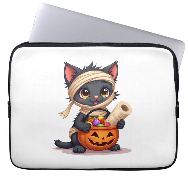 Capa Para Notebook Gato Preto de Halloween Fofo Abóbora Truque ou Tra (Frente)