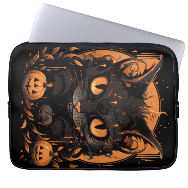 Capa Para Notebook Gato Preto do Halloween com Pumpkins e Lua (Frente)