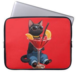 Capa Para Notebook Gato Preto Legal de Macacão com Coquetel Vermelho
