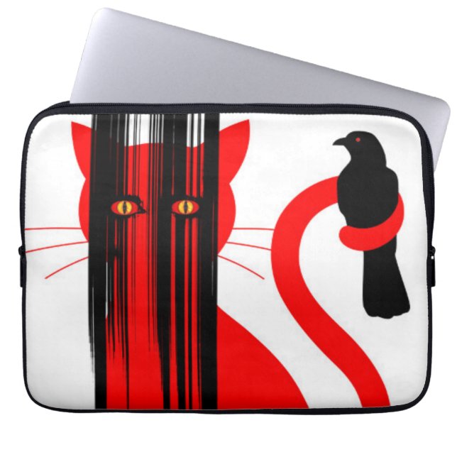 Capa Para Notebook Gato vermelho e uma ilustração de pássaro preto (Frente)