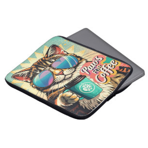 Capa Para Notebook Gato vestindo óculos de sol enormes com café