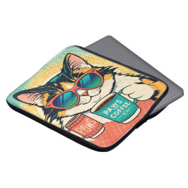 Capa Para Notebook Gato vestindo óculos de sol enormes, segurando caf