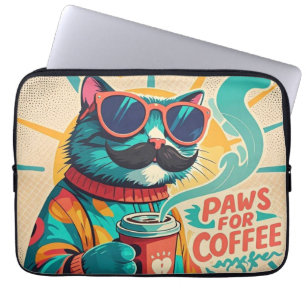 Capa Para Notebook Gato vestindo óculos de sol enormes, segurando caf
