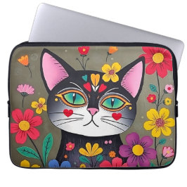 Capa Para Notebook Gatos e flores de arte em preto