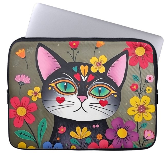 Capa Para Notebook Gatos e flores de arte em preto (Frente)