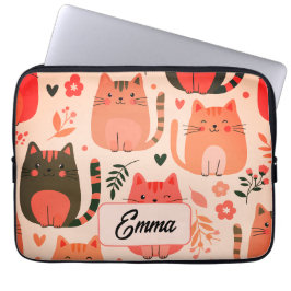 Capa Para Notebook Gatos Fofos e Padrão Floral Monograma Personalizad