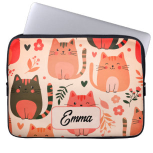 Capa Para Notebook Gatos Fofos e Padrão Floral Monograma Personalizad