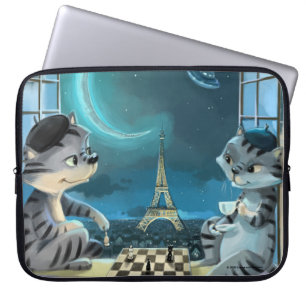 Capa Para Notebook Gatos Torre Eiffel - Manga para Laptop Noturno