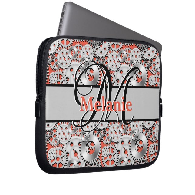 Capa Para Notebook Gears Silver Orange Steampunk Engineering (Frente Esquerda)