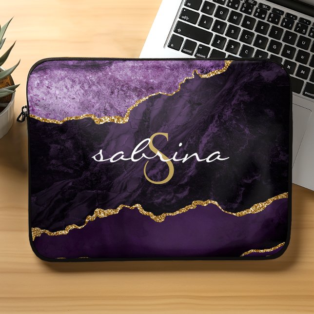 Capa Para Notebook Geodo de Ágata Roxo Dourado Monograma (Criador carregado)