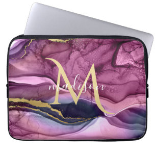 Capa Para Notebook Geodo de Ágata Roxo Rosa e Dourado Monogramado