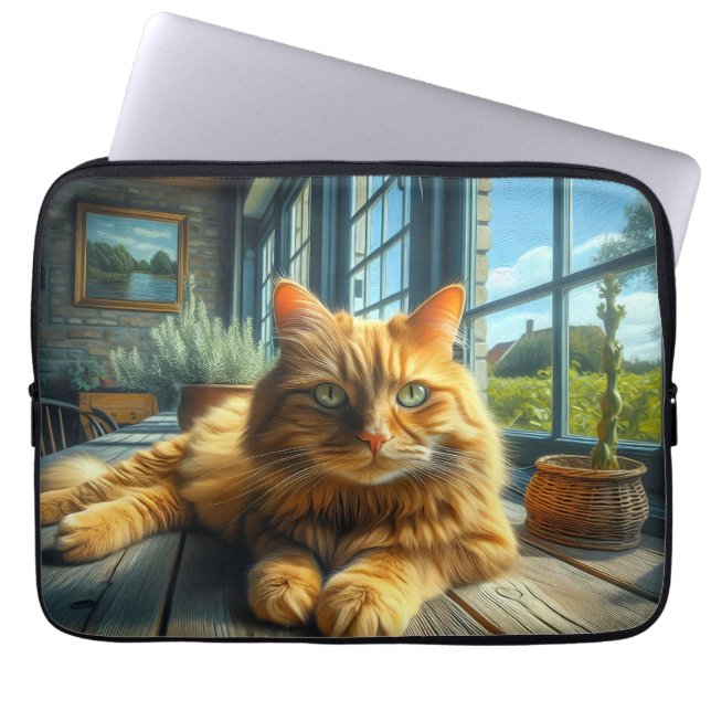 Capa Para Notebook Ginger Cat Soltando em uma Mesa por uma janela (Frente)