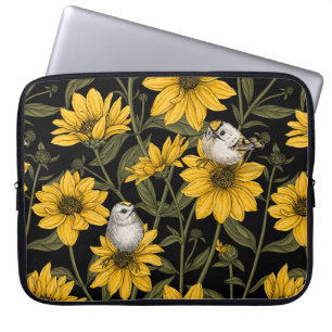 Capa Para Notebook Girassóis selvagens e aves douradas/ amarelas