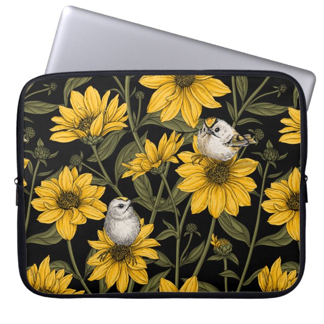 Capa Para Notebook Girassóis selvagens e aves douradas/ amarelas (Frente)