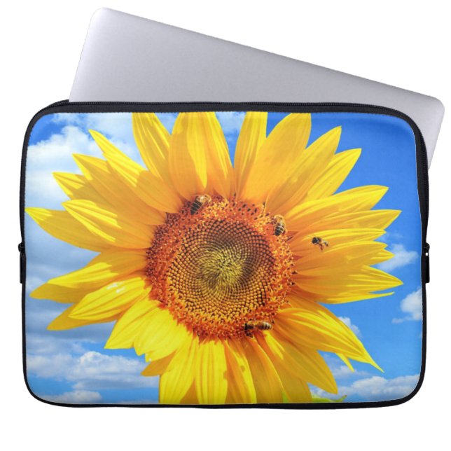 Capa Para Notebook Girassol e abelhas na Bolsa de laptop do céu azul (Frente)