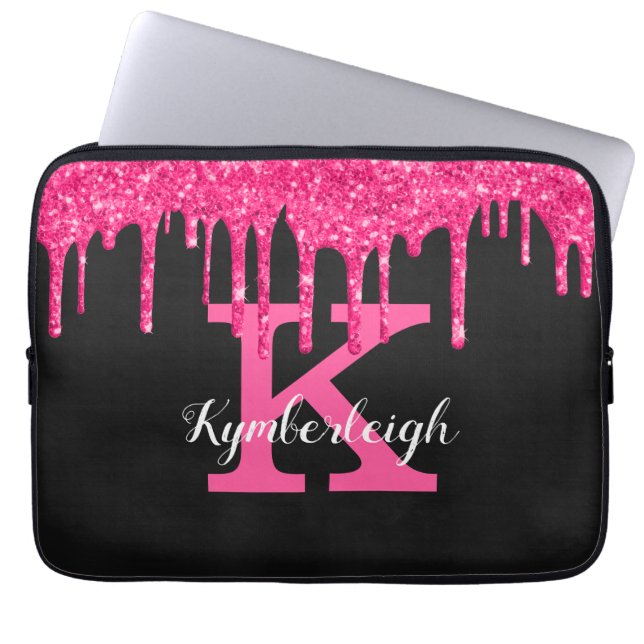 Capa Para Notebook Girly Black Hot Pink Glitter Drives Nome do Monogr (Frente)