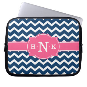 Capa Para Notebook Girly Blue Chevron Monograma Rosa