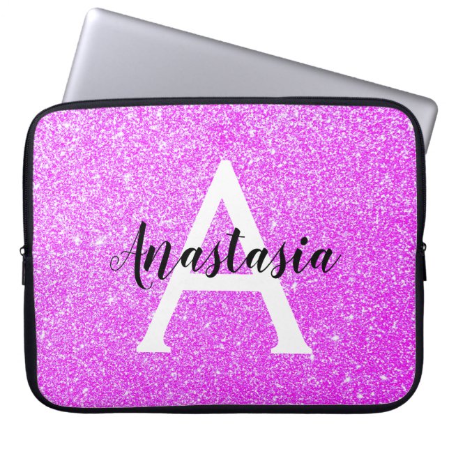 Capa Para Notebook Girly Glam Roxo Brilho Faíscas Monograma Nome (Frente)