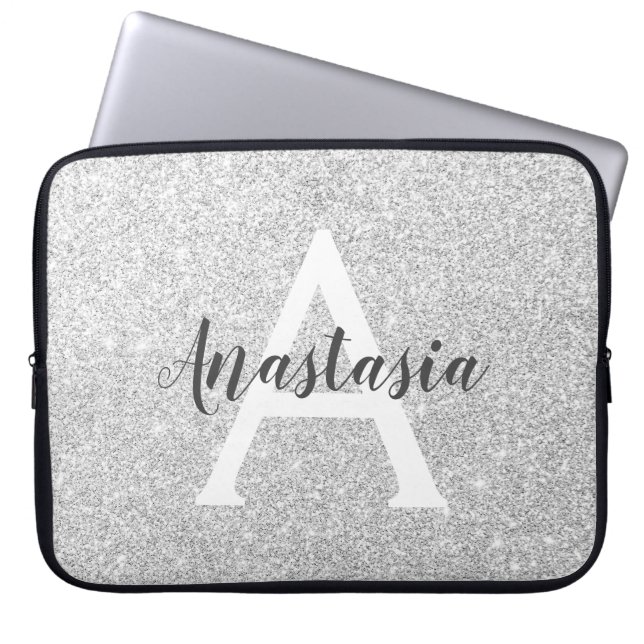 Capa Para Notebook Girly Glam Silver Glitter Sparkles Nome do Monogra (Frente)